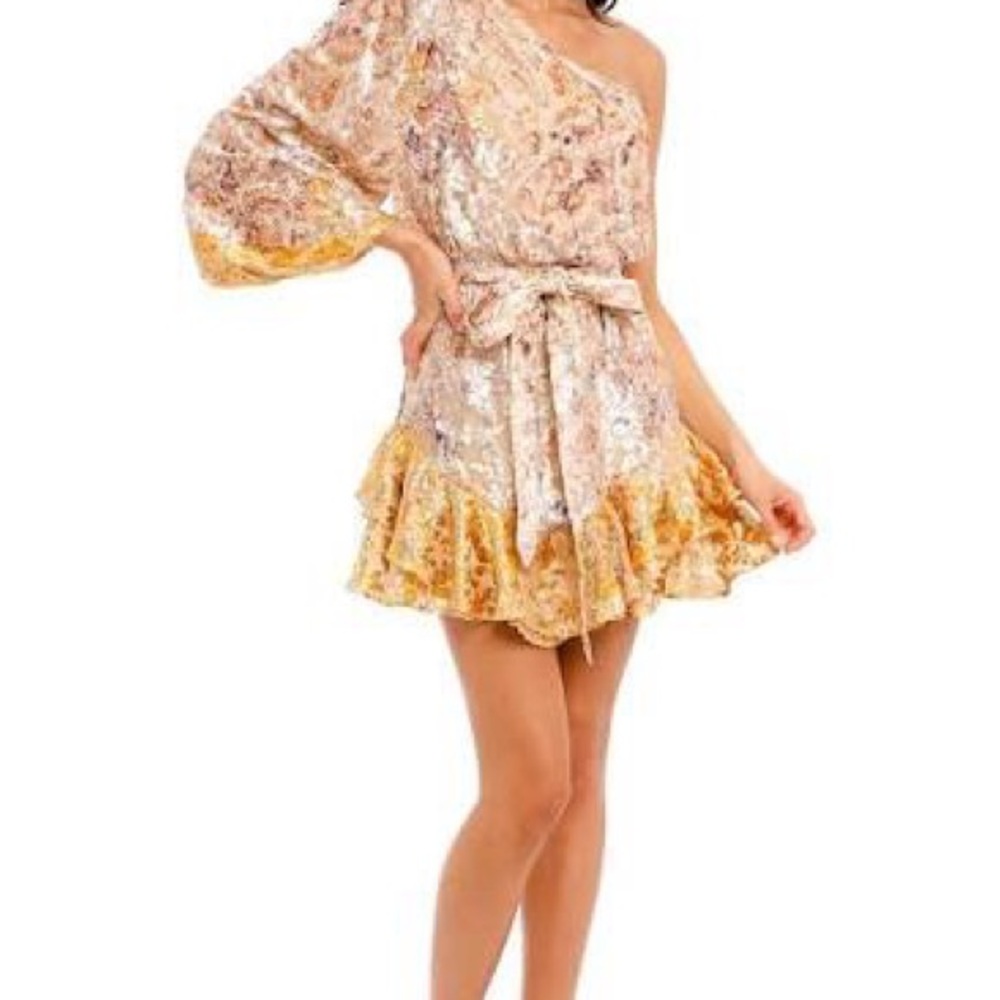 HEMANT & NANDITA One-Shoulder Dress in Cream and Gold